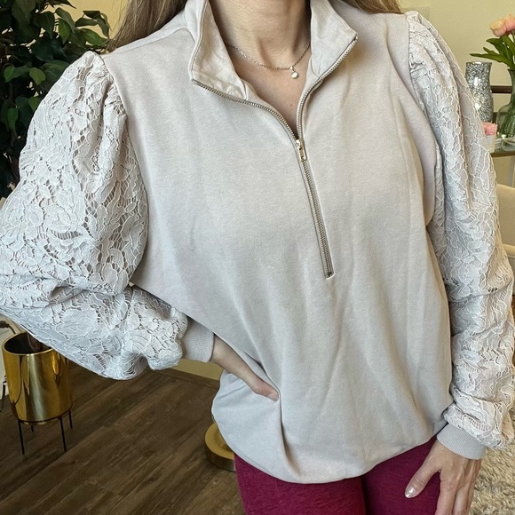 Boston Proper Tops - Boston Proper Embellished Lace Long Sleeves Sweatshirt Half Zip Casual Top XL
